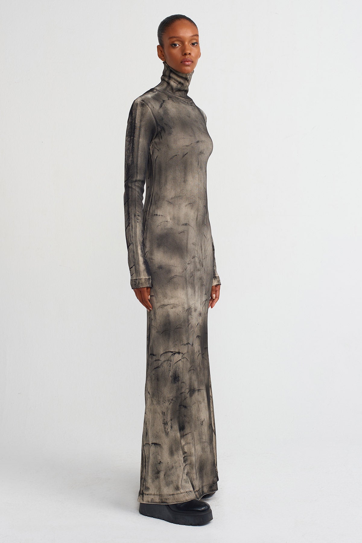 Natur/Siyah Kirli Görünümlü Ribana Elbise-K244014025