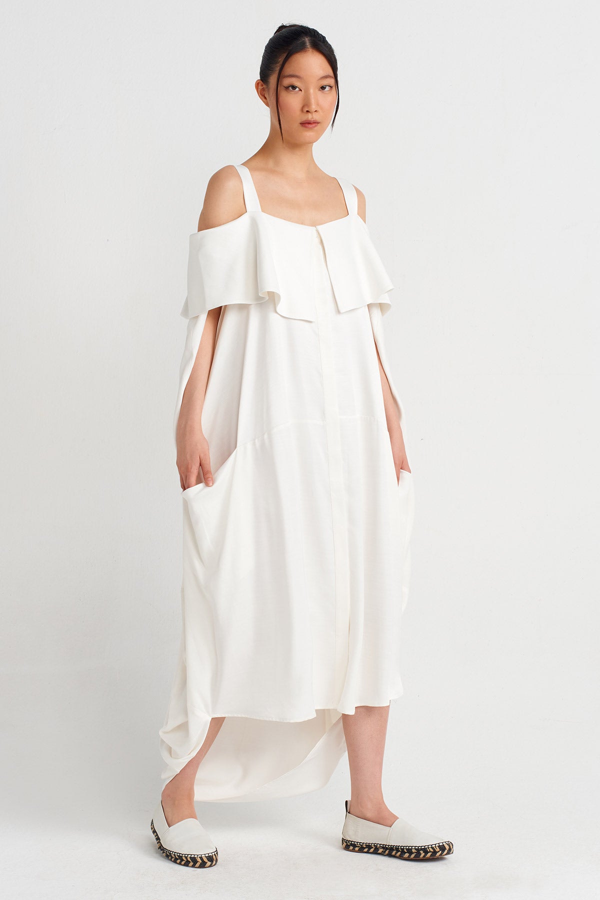 Kırık Beyaz Kalın Askılı Midi Elbise-Y244014187
