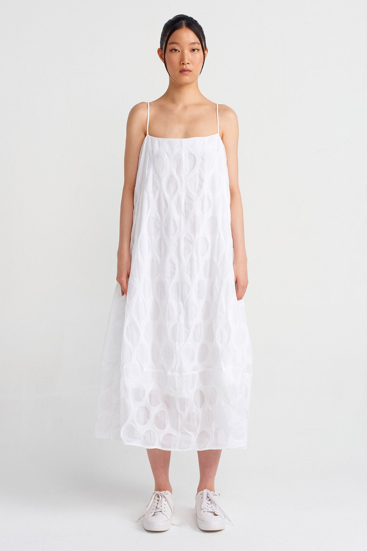 Kırık Beyaz Jakar Desenli Transparan Elbise-Y244014190