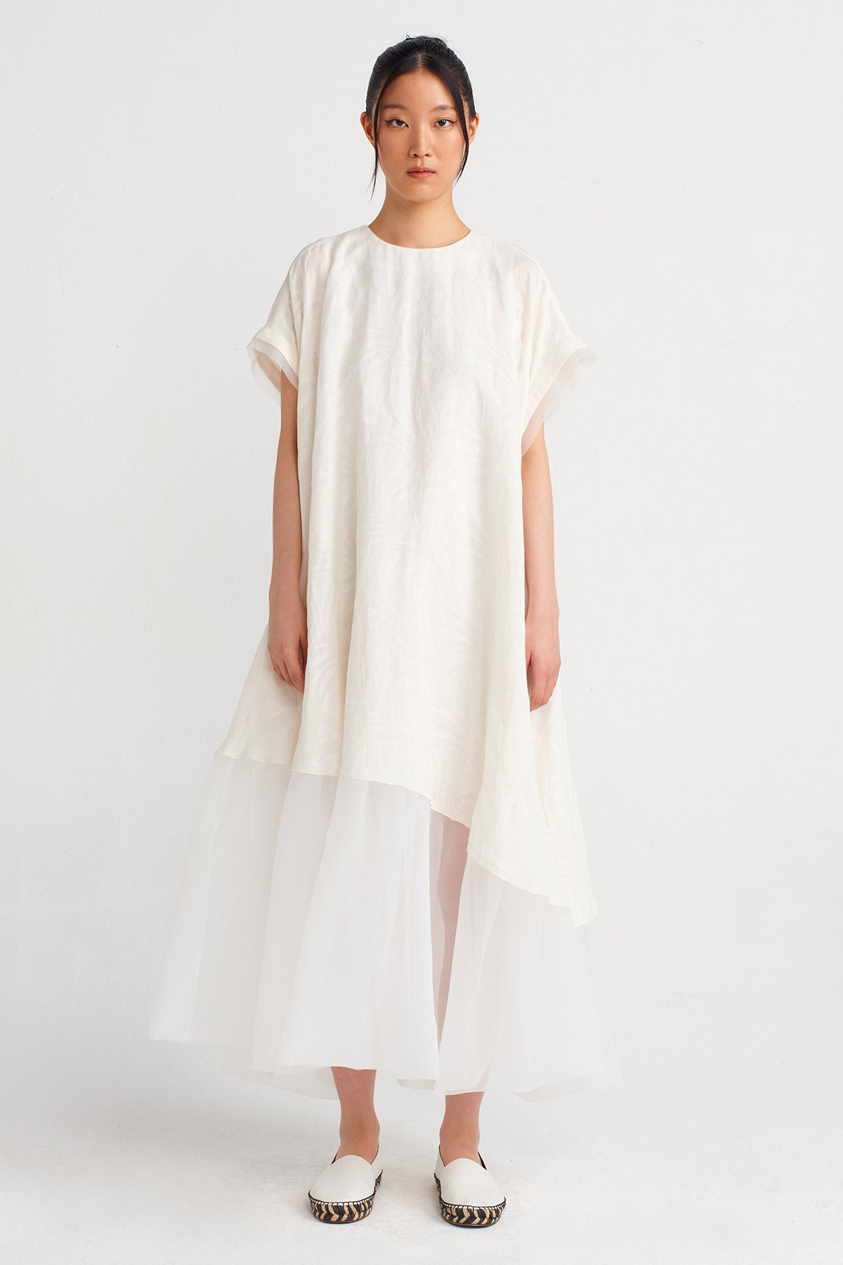 Kırık Beyaz Etekleri Organze  Keten Elbise-Y244014194