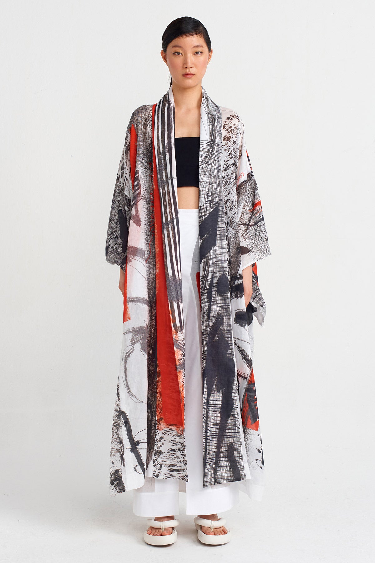 Beyaz/Siyah Baskılı Vual Kimono-Y245015121