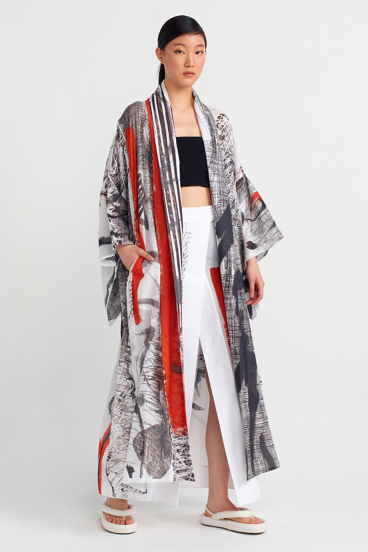 Beyaz/Siyah Baskılı Vual Kimono-Y245015121
