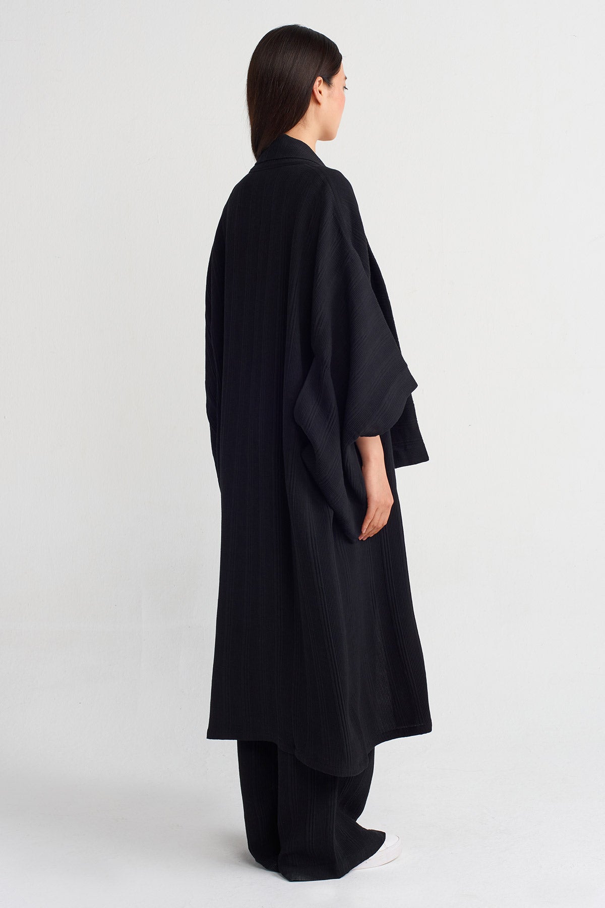 Siyah Jakarlı Keten Kimono-Y245015143
