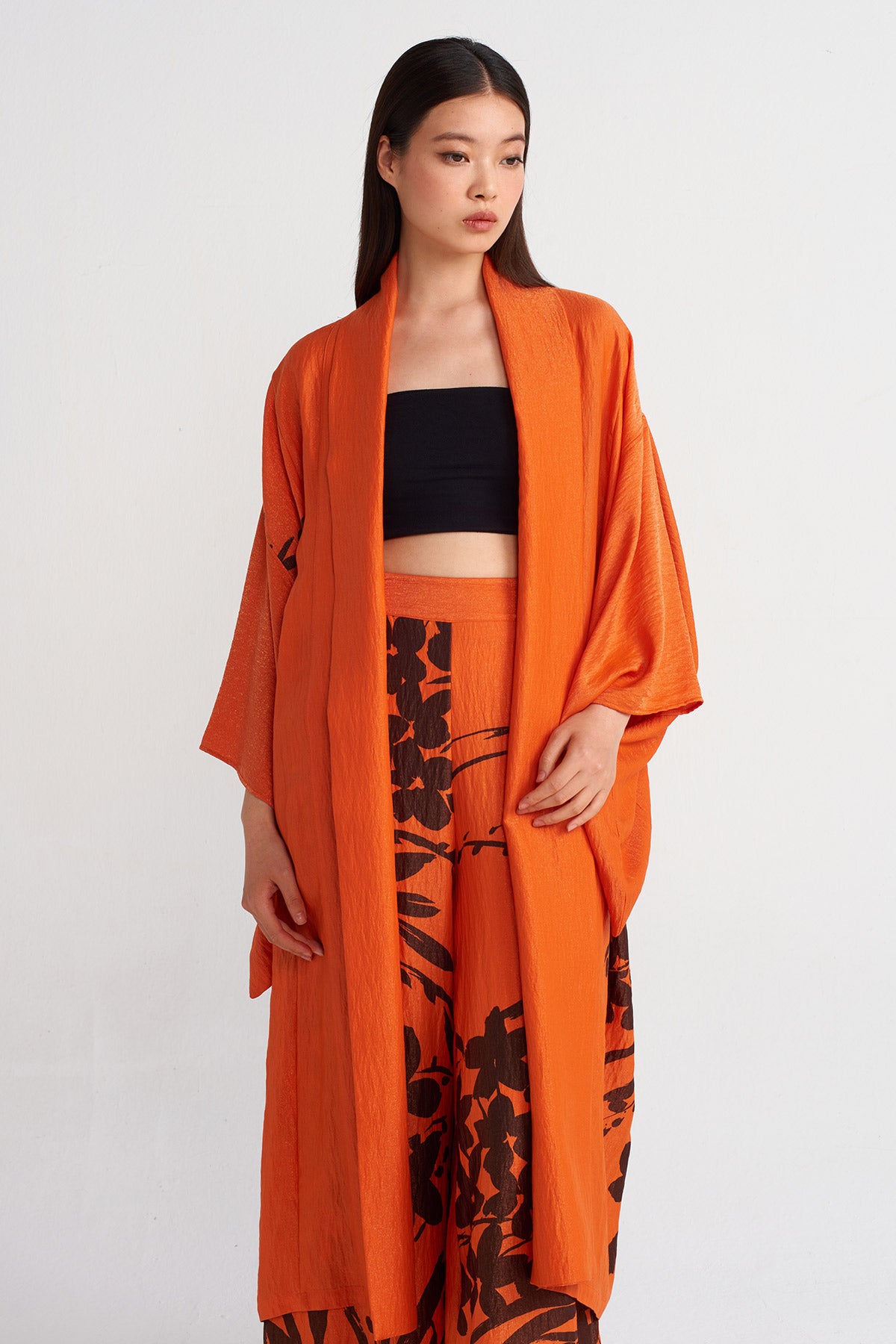 Kırmızı Baskılı Uzun Kimono-Y245015144