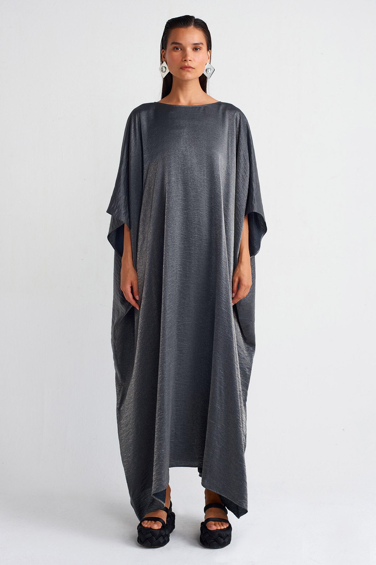 Gri Parlak Kumaş Kaftan Elbise-Y254014029