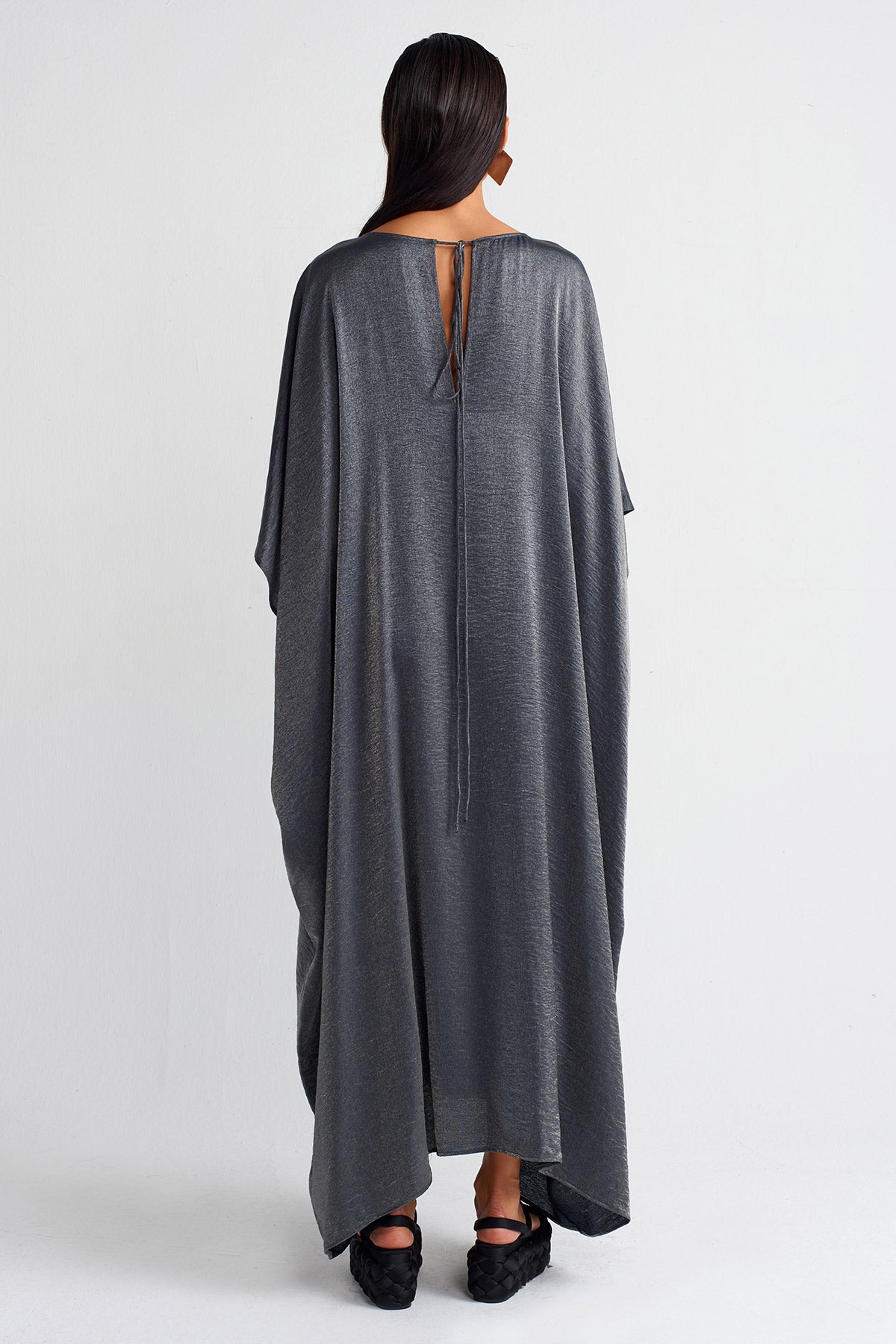 Gri Parlak Kumaş Kaftan Elbise-Y254014029