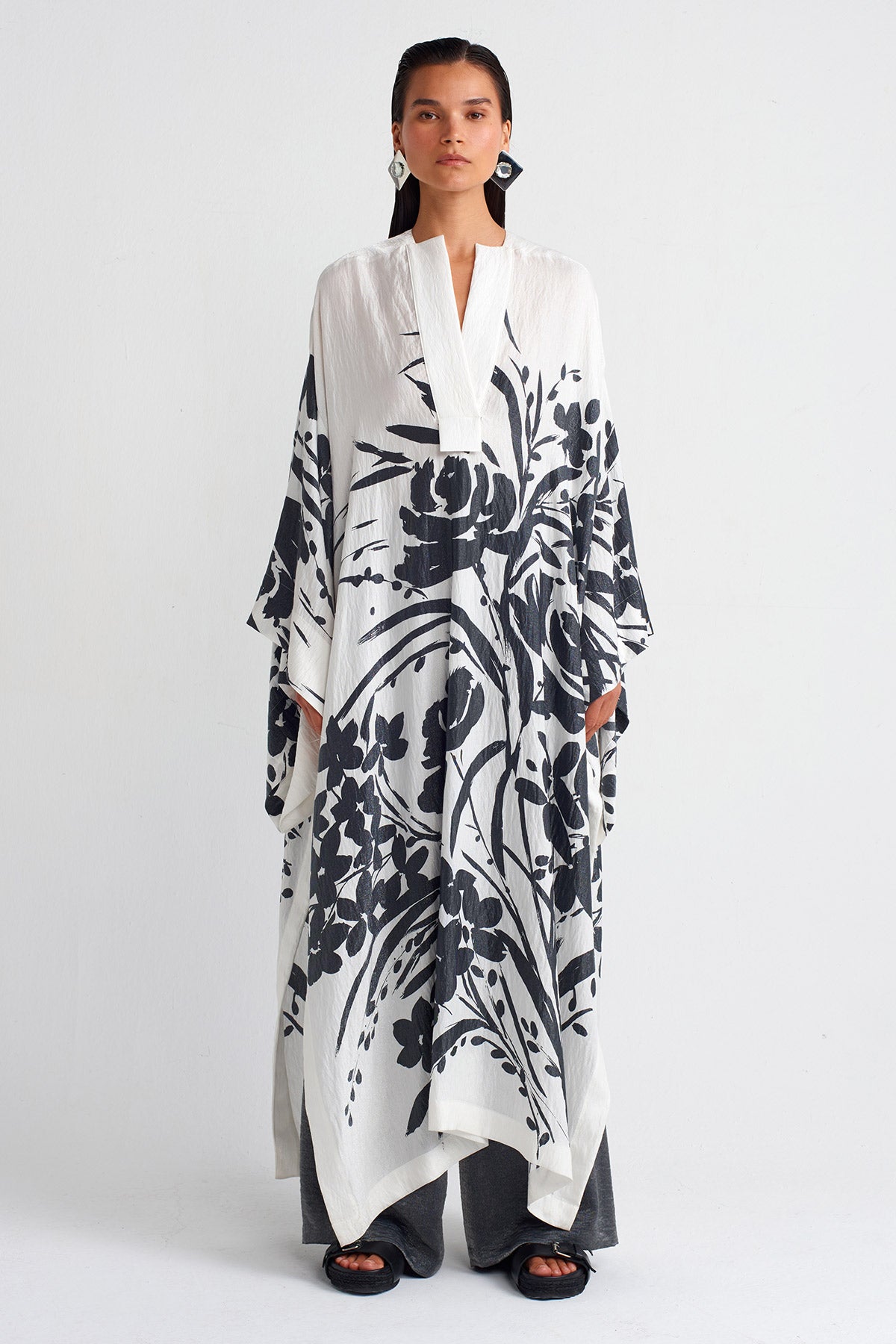 Gri/Beyaz Baskılı, Kaftan Elbise-Y254014032