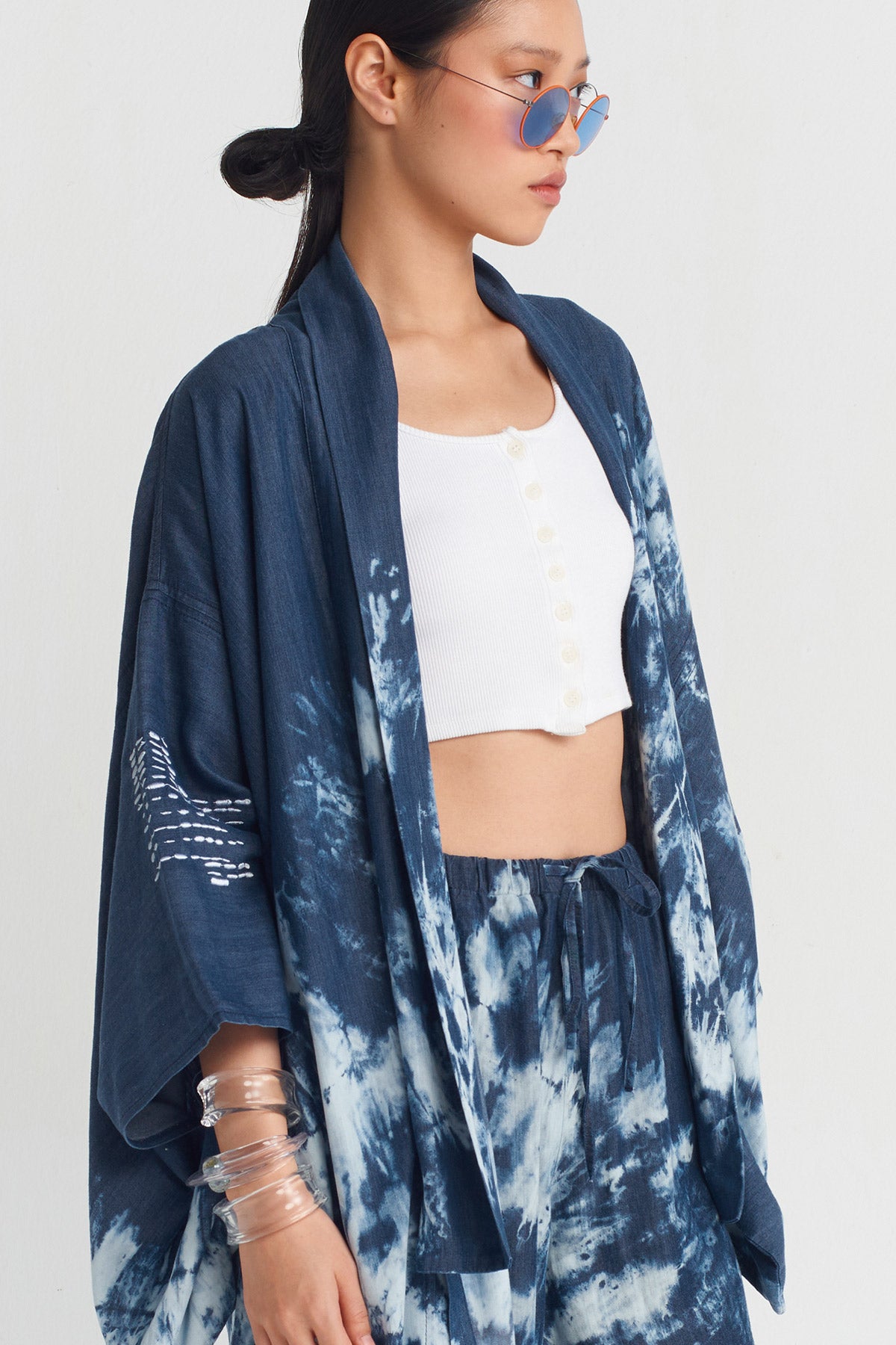 Marine Nakış Detaylı Batik Kimono-Y255015018