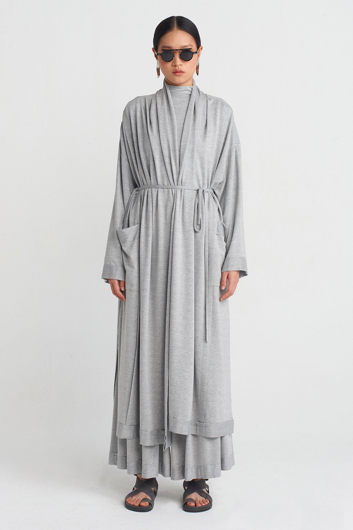 Gri Melanj Belden Bağlanır Kimono-Y255015058